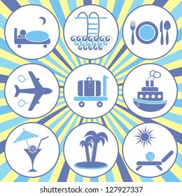 Set of nine blue traveling and accommodation icons on retro background