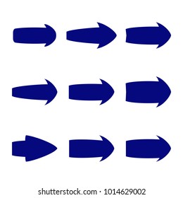 Set of nine blue various arrows. Vector illustration