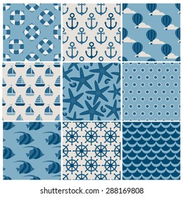 set of nine  blue vector marine seamless patterns