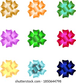 Set of nine bright colored bows for decorated gift packaging