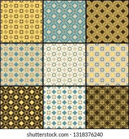 Set of nine bright vector illustration. Seamless vector ornament of simple intersecting geometric shapes. Geometric seamless pattern.