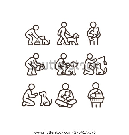 A set of nine brown line art icons on a white background. The pictograms depict people caring for pets including feeding walking and playing with dogs and cats.