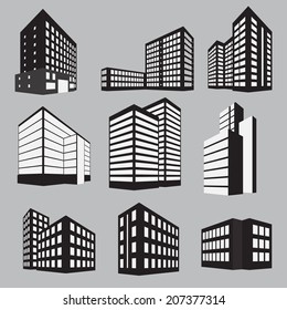 Set of nine building icons: black and white on grey background. Vector illustration