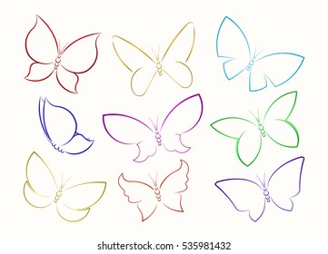 Set of nine butterfly full color vector outline silhouettes.