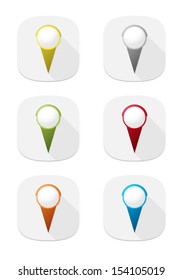 Set of nine buttons with yellow, grey, green, red, orange and blue pin / map pin icon buttons / Pin buttons