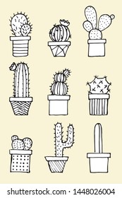 Set of nine cactus illustration. Hand drawn cartoon cactus illustration. Great for fabric, textile, background, wrapping paper, invitation, stickers. Vector illustration