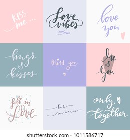 set of nine calligraphic text on colorful background