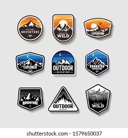 Set of nine Camping outdoor adventure emblems, logo pactchs and badges