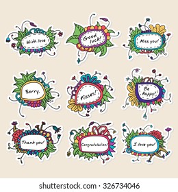 Set of nine cards with abstract hand drawn floral pattern. Note in the bouquet.