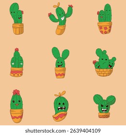 Set of nine cartoon cacti with different expressions, each in an orange pot, presented on a light beige background.