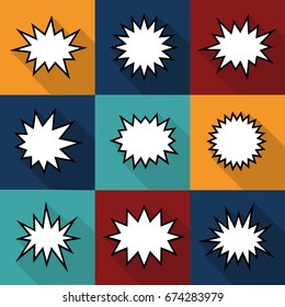 Set of nine cartoon comic balloon speech bubbles in flat style. Elements of design comic books without phrases. Vector illustration
