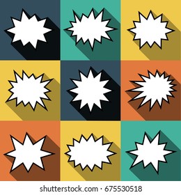 Set of nine cartoon comic balloon speech bubbles in flat style. Elements of design comic books without phrases. Vector illustration