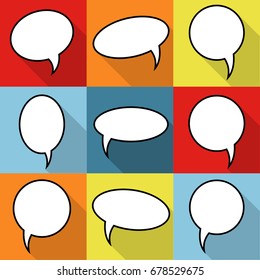 Set of nine cartoon comic balloon speech bubbles in flat style. Elements of design comic books without phrases. Vector illustration