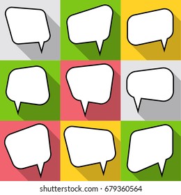 Set of nine cartoon comic balloon speech bubbles in flat style. Elements of design comic books without phrases. Vector illustration