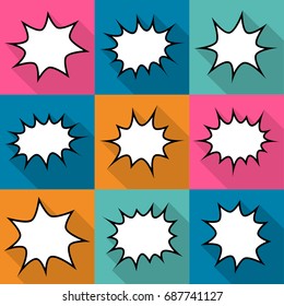 Set of nine cartoon comic balloon speech bubbles in flat style. Elements of design comic books without phrases. Vector illustration