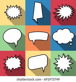 Set of nine cartoon comic balloon speech bubbles in flat style. Elements of design comic books without phrases. Vector illustration