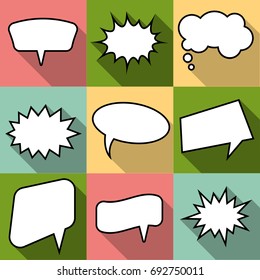 Set of nine cartoon comic balloon speech bubbles in flat style. Elements of design comic books without phrases. Vector illustration