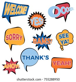 Set of nine cartoon comic balloon speech bubbles in flat style. Elements of design comic books with different phrases. Vector illustration
