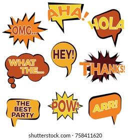 Set of nine cartoon comic balloon speech bubbles in flat style. Elements of design comic books with different phrases. Vector illustration