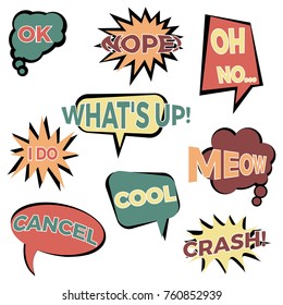 Set of nine cartoon comic balloon speech bubbles in flat style. Elements of design comic books with different phrases. Vector illustration