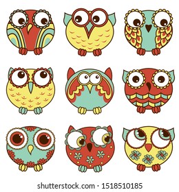 Set of nine cartoon cute and funny various oval owls isolated on the white background, vector black outlines as icons
