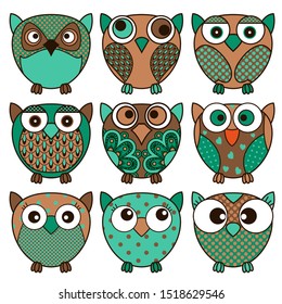 Set of nine cartoon cute oval owls in various pattern and dark colors isolated on the white background, vector outlines as icons