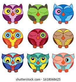 Set of nine cartoon funny and cute various oval owls isolated on the white background, vector outlines as icons