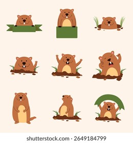 Set of nine cartoon groundhogs in different poses, some are positioned in a hole, some are standing above ground, and in various expressions. The style is simple, flat, and cute.