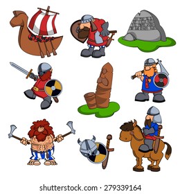 Set of nine cartoon illustrations on viking theme. Miscellaneous warriors, drakkar, rune stone, wooden tribal pagan idol and armors.