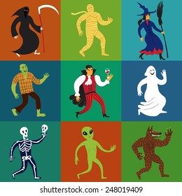 Set of nine cartoon monster characters including werewolf, zombie, skeleton, dracula, ghost, horror, mummy, alien, witch. Editable vector.