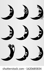 Set of nine cartoon moons with eyes and mouth. Set of moons with a face. Vector illustration.