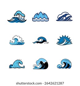 A set of nine cartoon ocean wave icons isolated on a white background. These vector illustrations are simple and clean for graphic design projects.