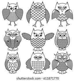 Set of nine cartoon ornate amusing owl outlines with big eyes isolated on the white background, vector illustration