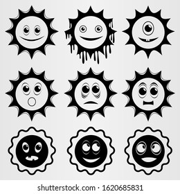 Set of nine cartoon suns with different facial expressions. Vector illustration.