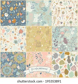 Set of nine cartoon vintage seamless patterns with birds and butterflies. Retro vector backgrounds. Seamless texture can be used for wallpapers, pattern fills, web page backgrounds, surface textures.