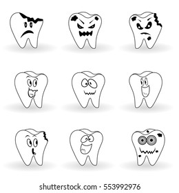 Set of nine characters of funny cartoon teeth with various face, vector illustrations