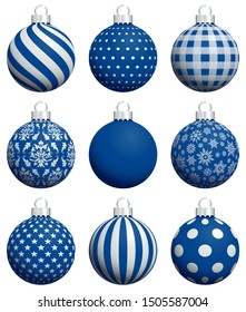 Set Of Nine Christmas Baubles Pattern Blue White Silver