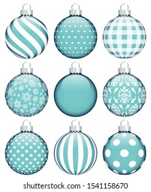 Set Of Nine Christmas Baubles Pattern Turquoise White Silver