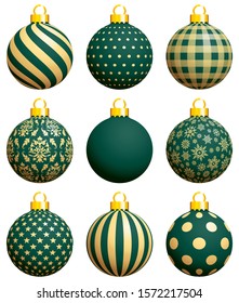 Set Of Nine Christmas Baubles Pattern Green And Gold