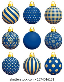 Set Of Nine Christmas Baubles Pattern Dark Blue And Gold