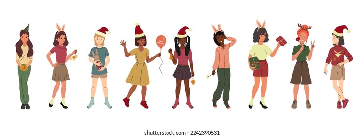 Set of nine Christmas characters. Winter holiday celebration. Girls have fun, decorate the Christmas tree, give gifts