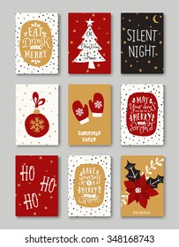 A set of nine Christmas greeting cards in red, white, black and gold. Christmas symbols and typographic design templates collection. EPS10 file, gradient mesh used.