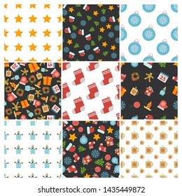 Set of nine Christmas Seamless Patterns with icons in flat style. Vector illustration