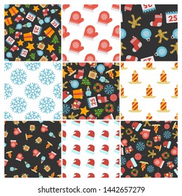 Set of nine Christmas Seamless Patterns with icons in flat style. Vector illustration