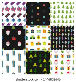 Set of nine Christmas Seamless Patterns with icons in flat style. Vector illustration