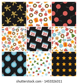 Set of nine Christmas Seamless Patterns with icons in flat style. Vector illustration