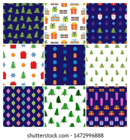 Set of nine Christmas Seamless Patterns with icons in flat style. Vector illustration
