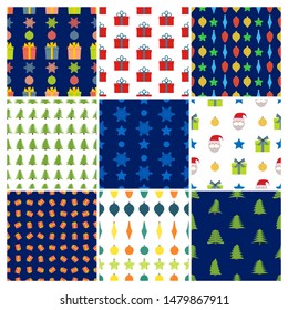 Set of nine Christmas Seamless Patterns with icons in flat style. Vector illustration