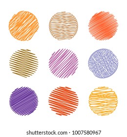Set of nine circles drawn doodle style of different colors of orange, purple, beige.