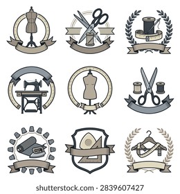 A set of nine circular emblems featuring sewing and tailoring related symbols and tools.